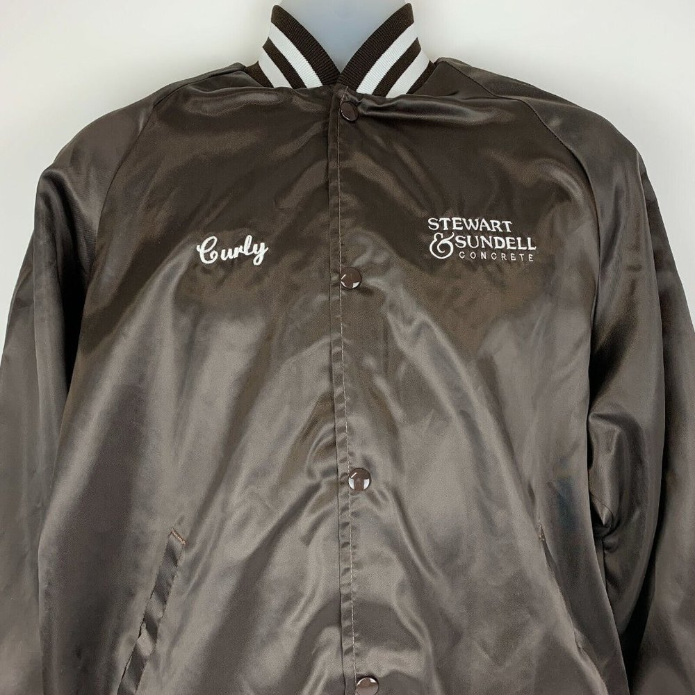Vintage 90s Curly Brown Satin Jacket Stewart Sundell Concrete Made In USA XL